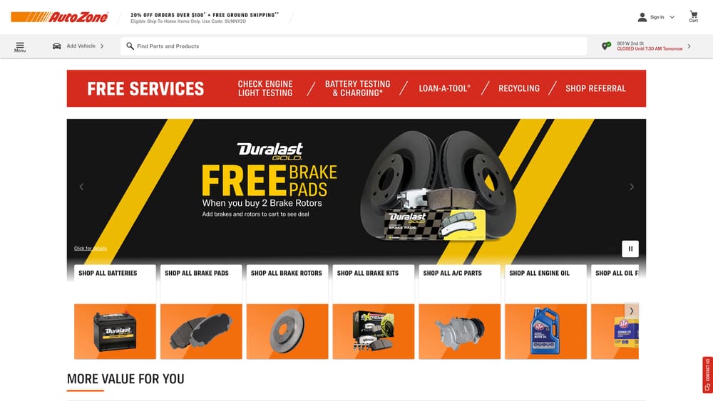 Screenshot of AutoZone Key Fob Services website