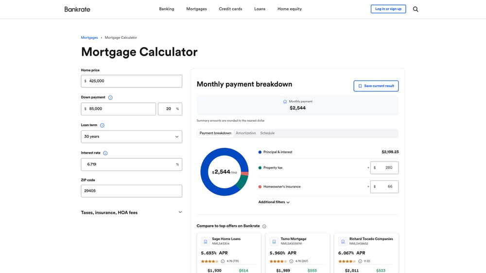 Screenshot of Bankrate Mortgage Calculator website
