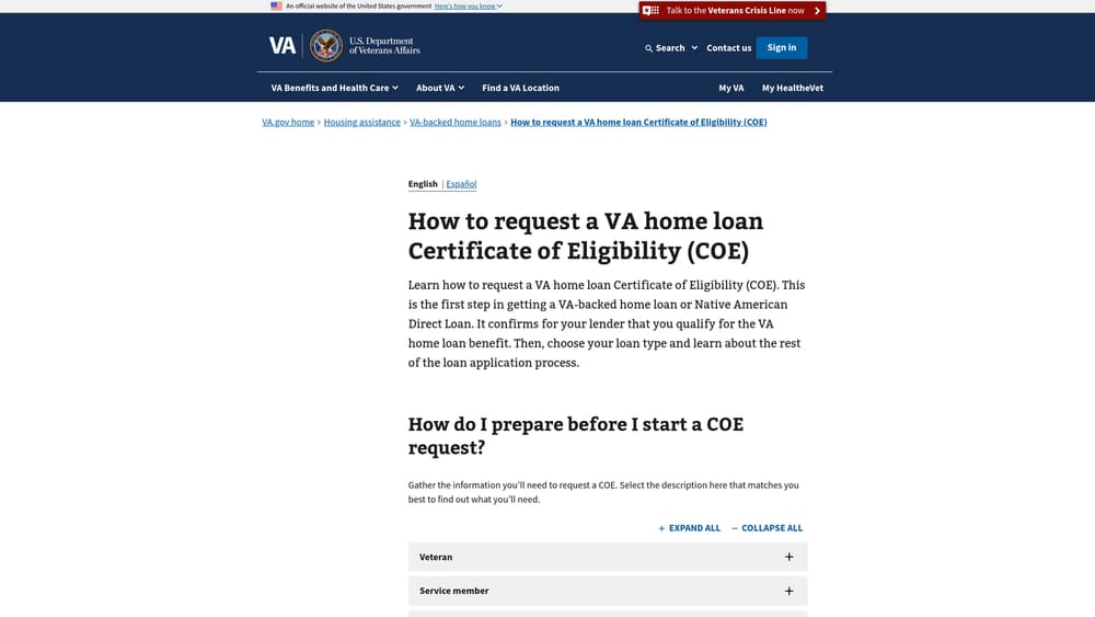 Screenshot of VA.gov Certificate of Eligibility Tool website