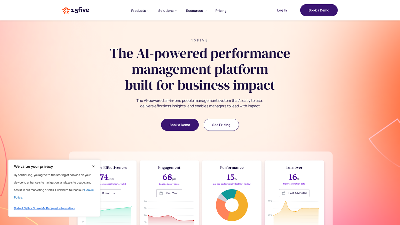 Screenshot of 15Five website