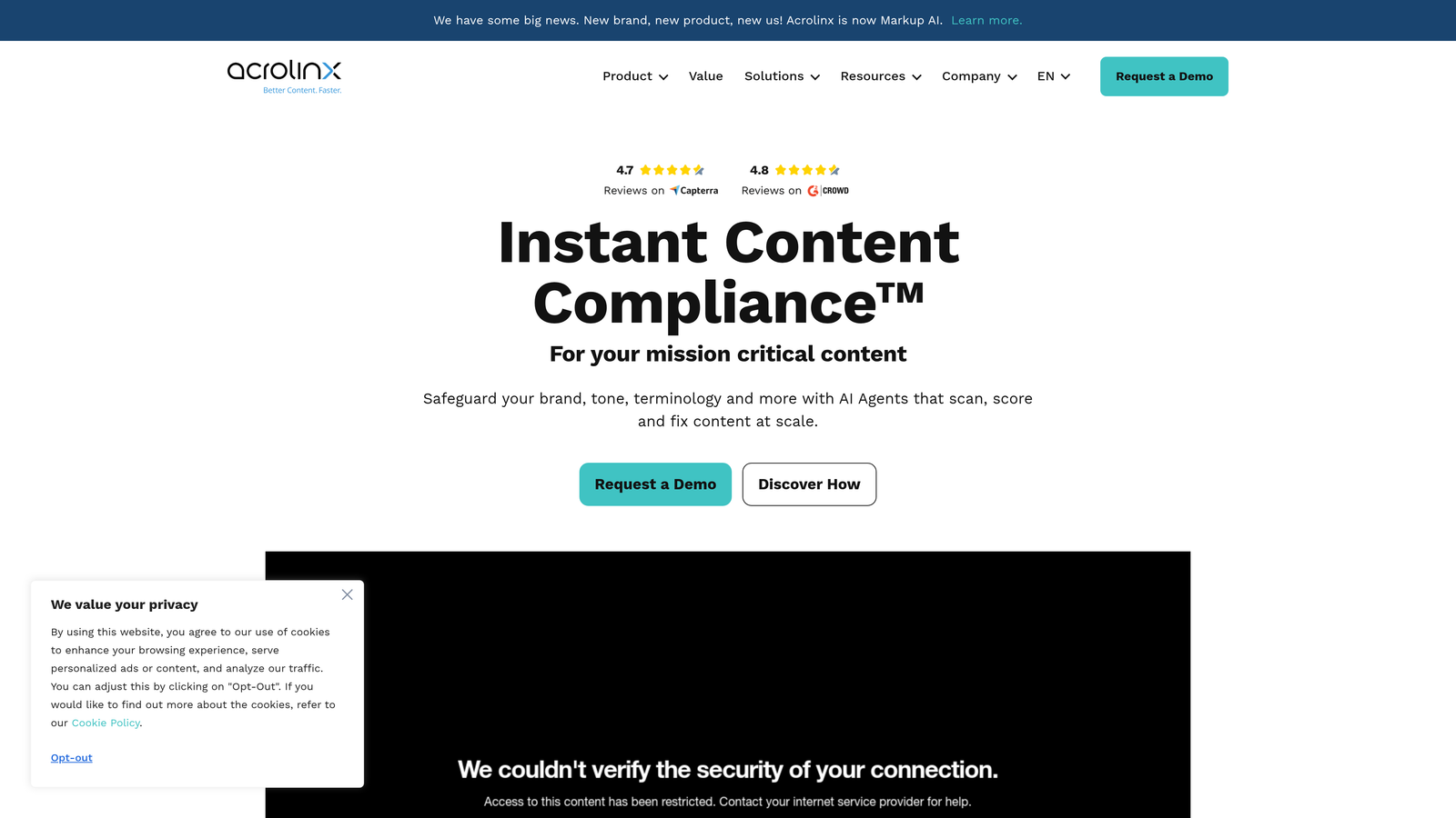 Screenshot of Acrolinx website