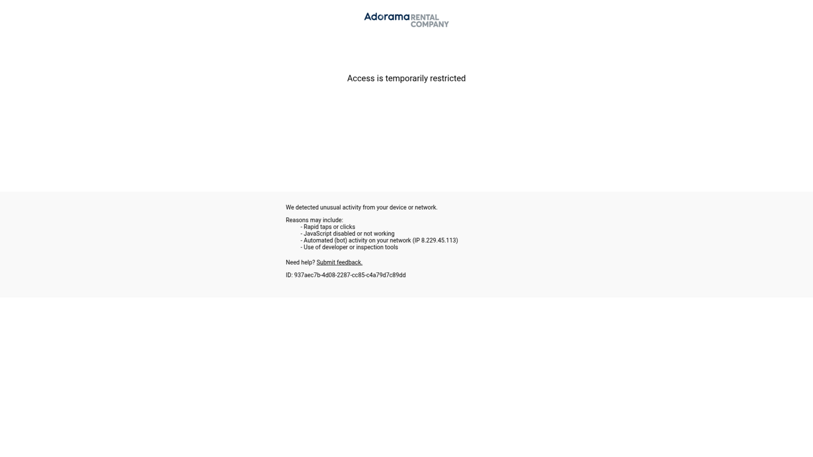 Screenshot of Adorama Rental Co. website