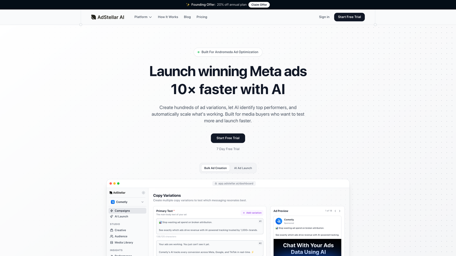 Screenshot of AdStellar AI website homepage