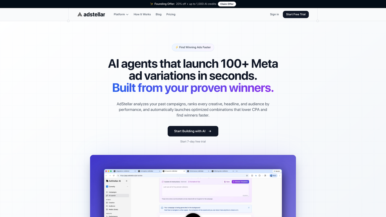 Screenshot of AdStellar AI website