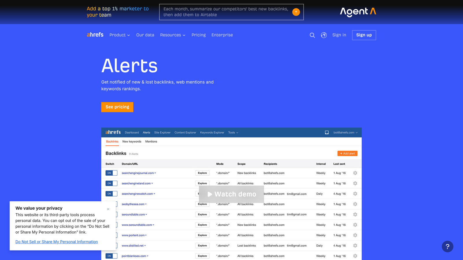 Screenshot of Ahrefs Alerts website