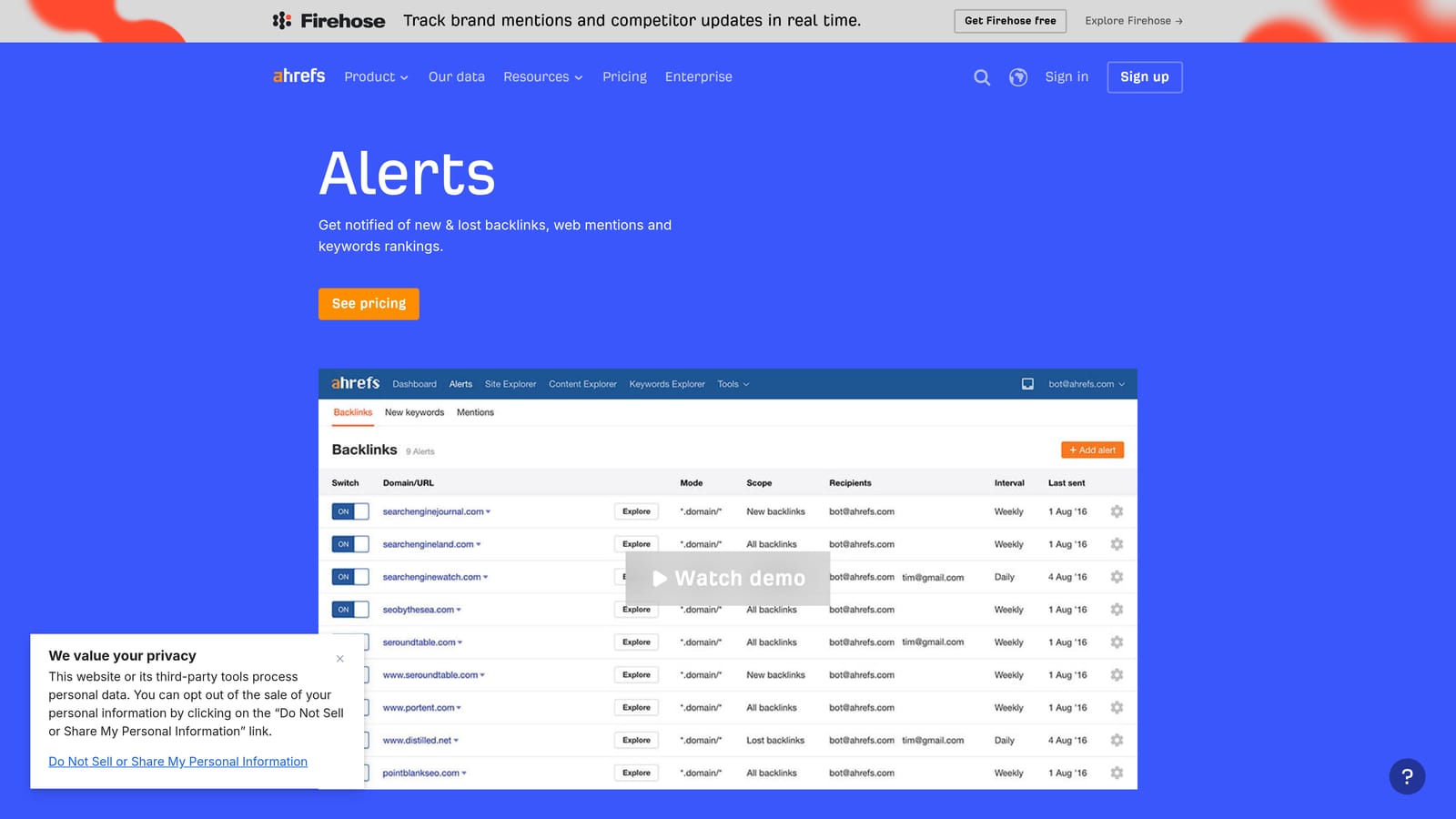 Screenshot of Ahrefs Alerts website