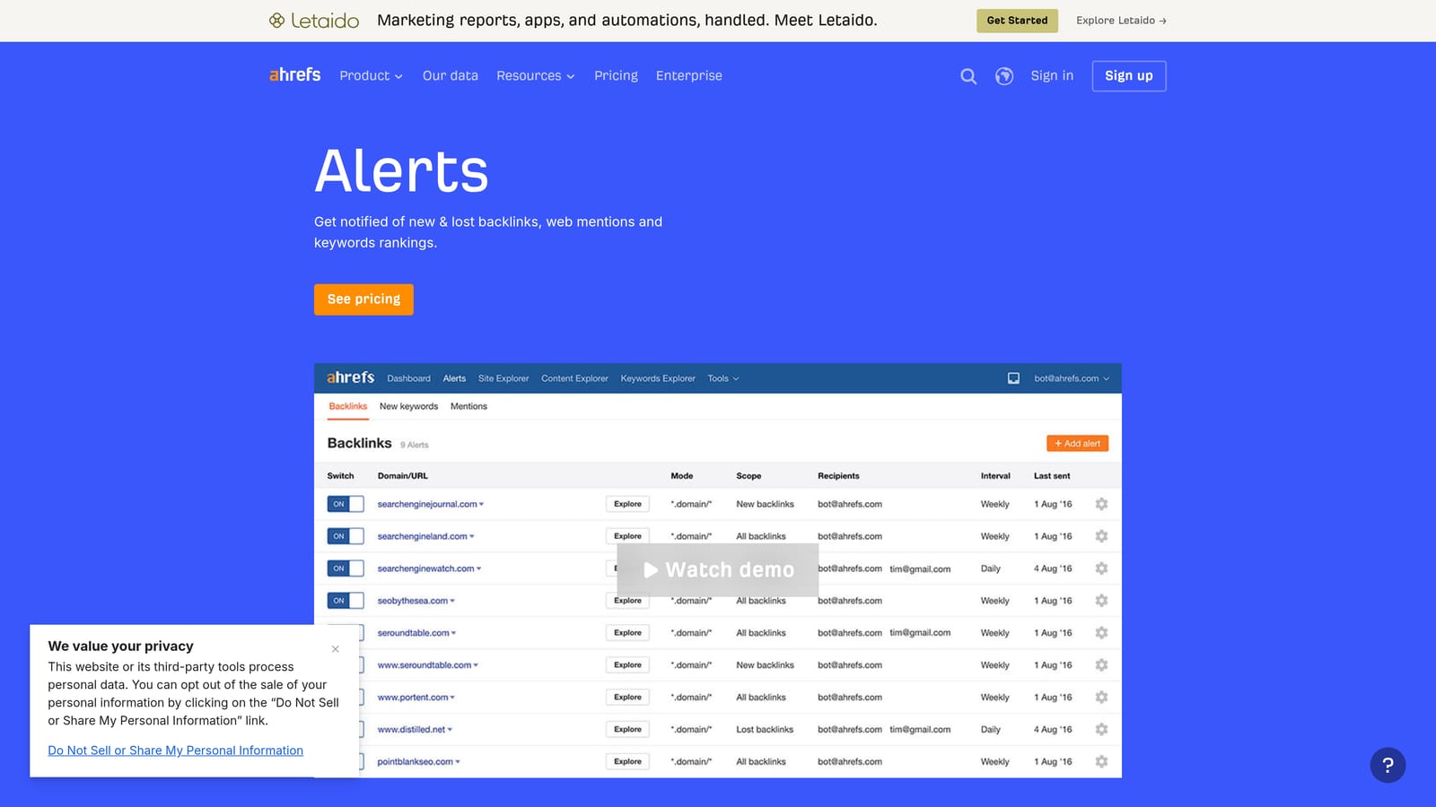 Screenshot of Ahrefs Alerts website