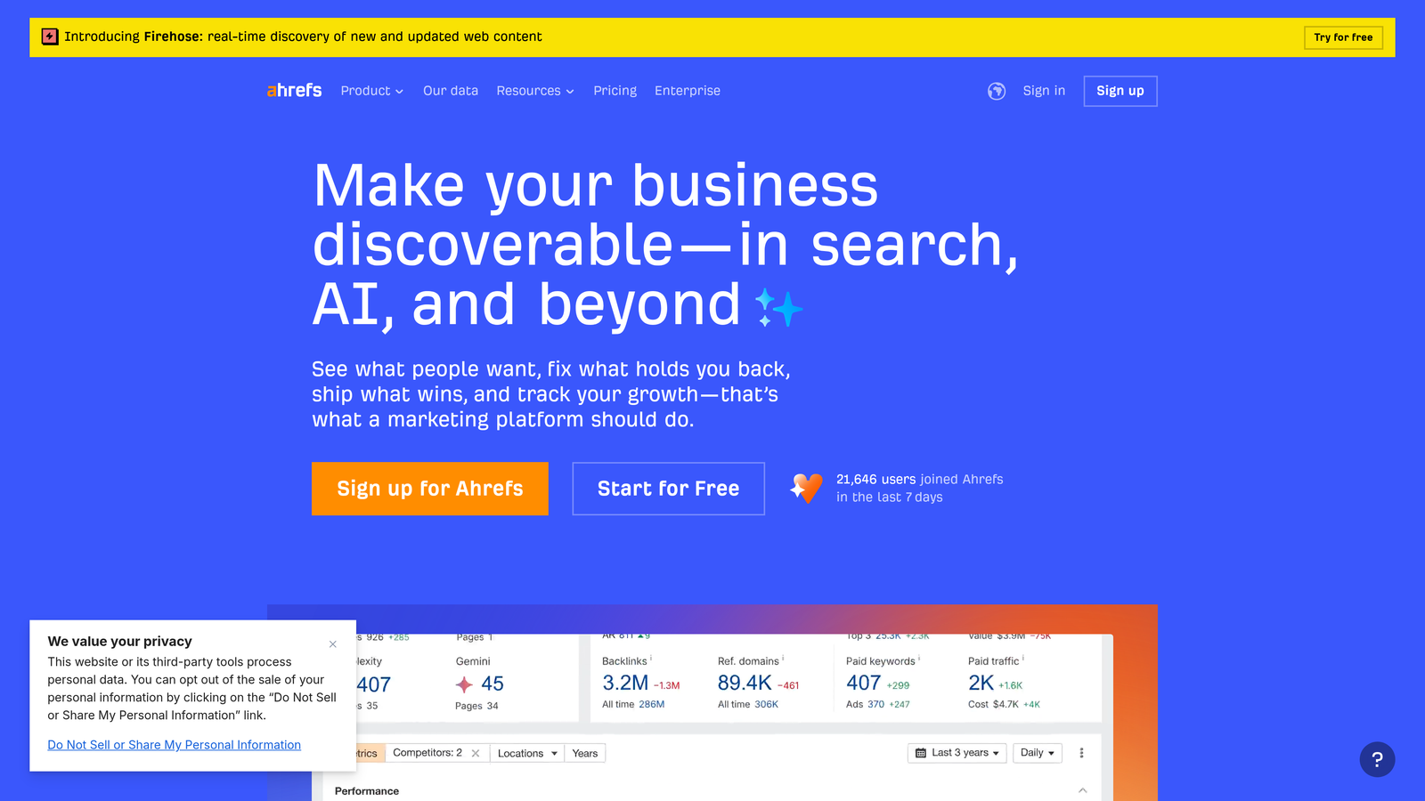Screenshot of Ahrefs Enterprise website