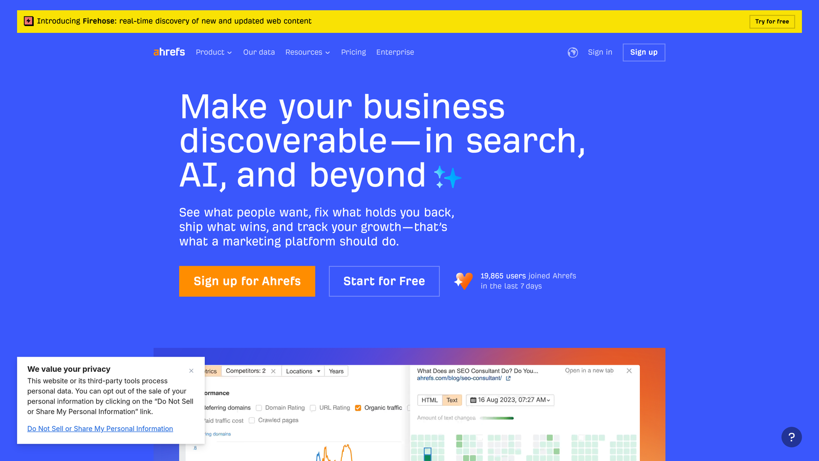 Screenshot of Ahrefs Enterprise website