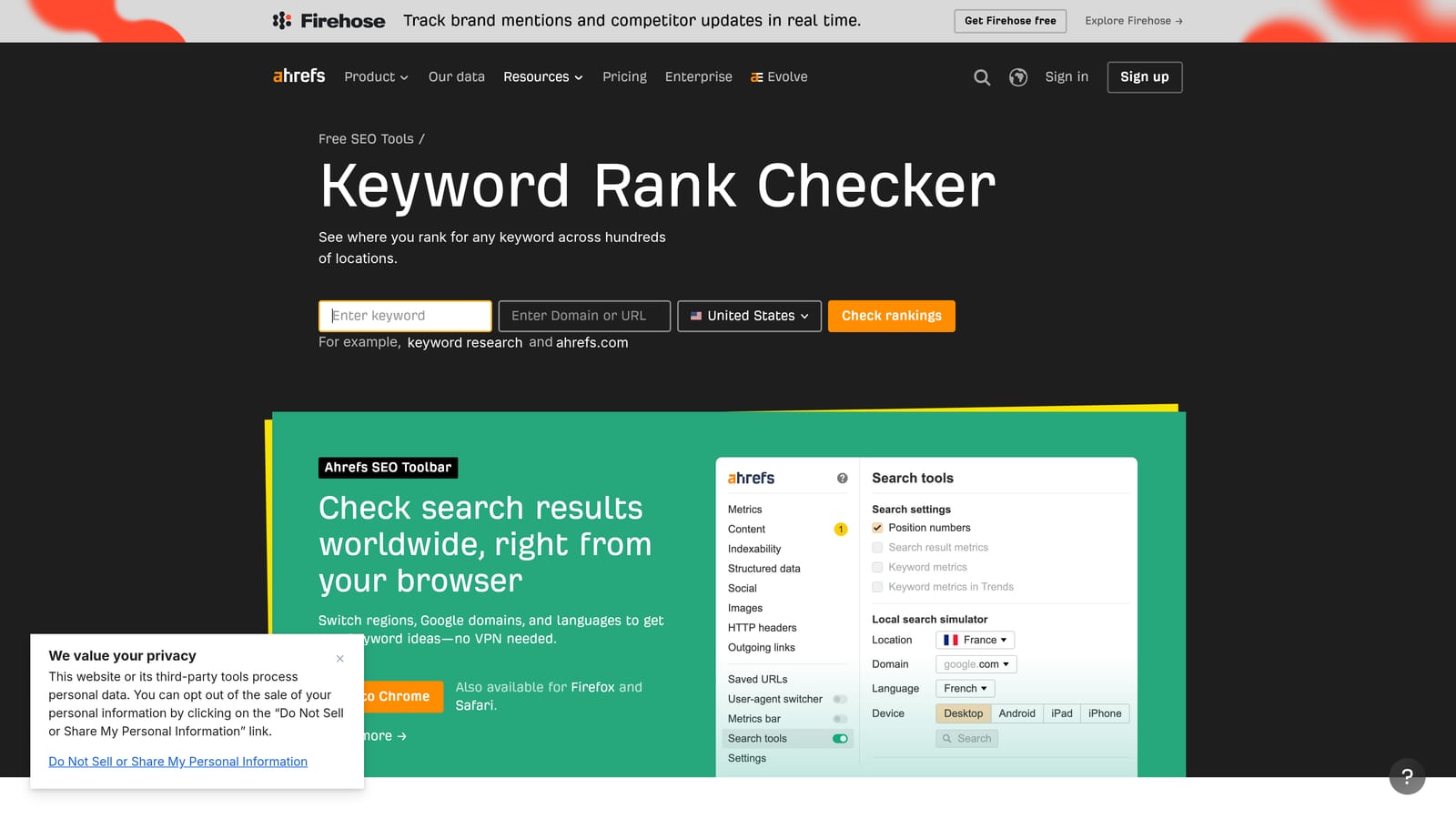 Screenshot of Ahrefs Free Keyword Rank Checker website