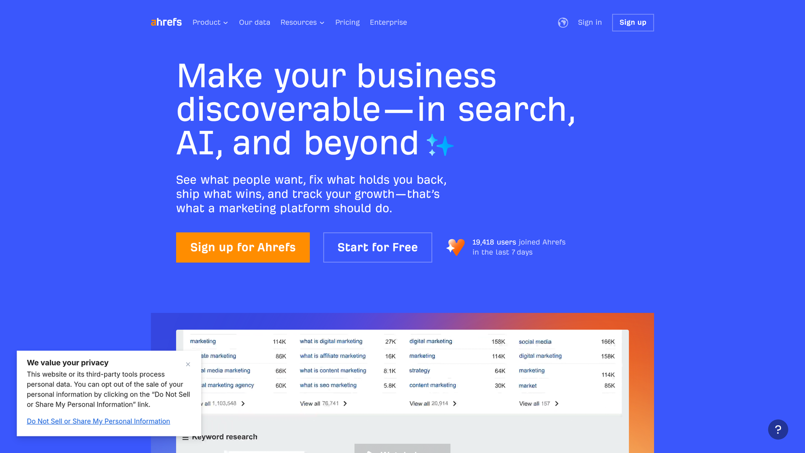 Screenshot of Ahrefs website