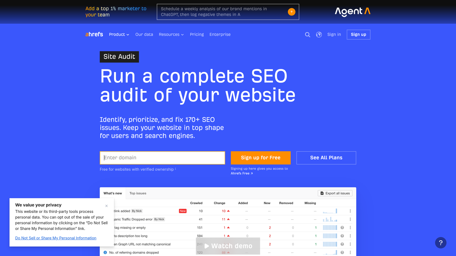 Screenshot of Ahrefs Site Audit website
