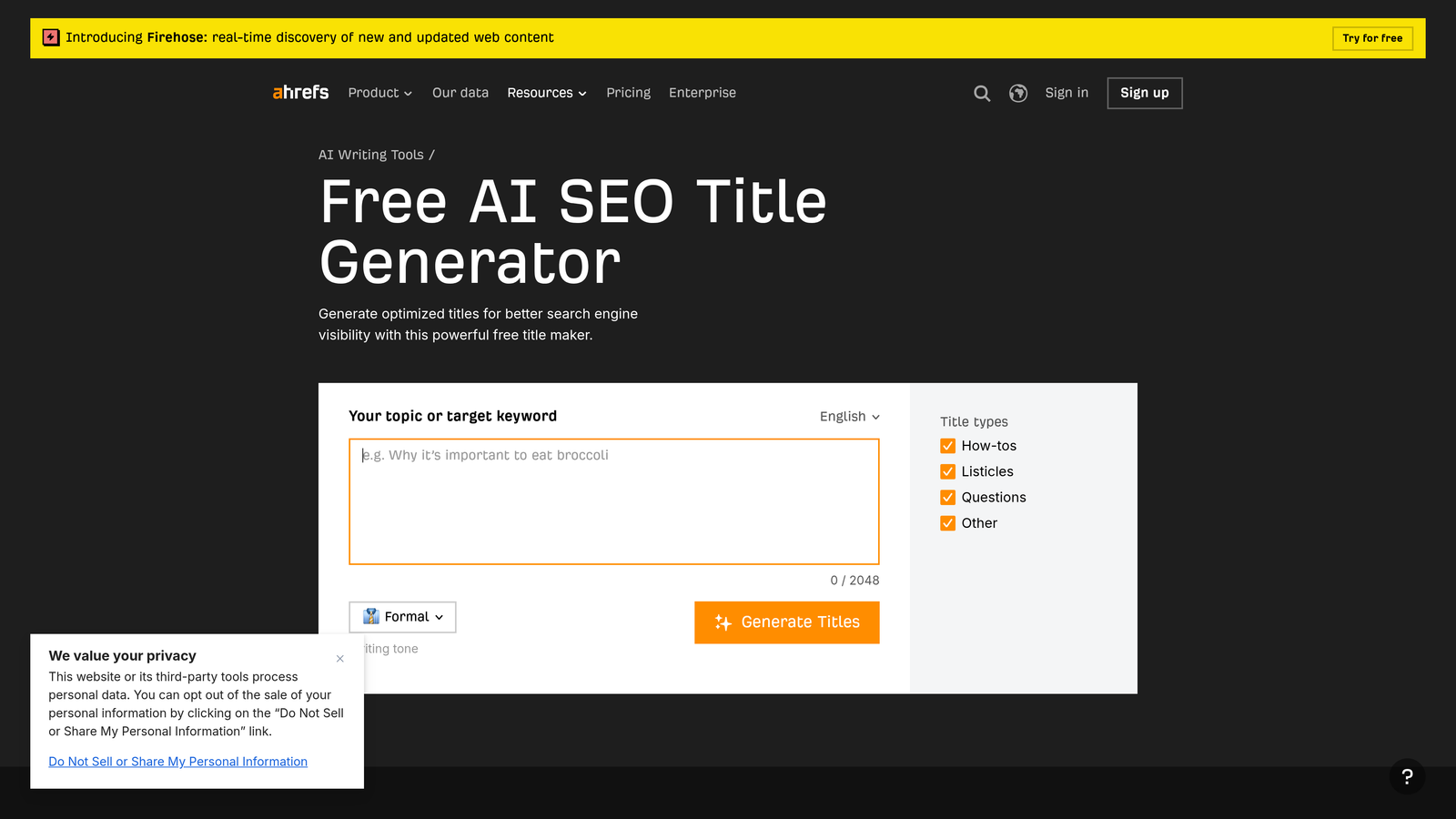 Screenshot of Ahrefs Title Generator website