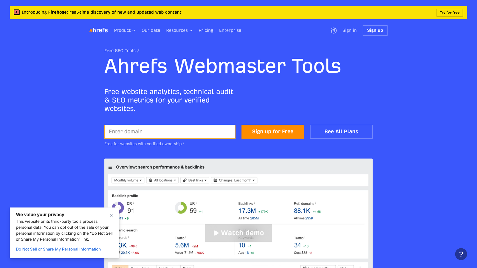 Screenshot of Ahrefs Webmaster Tools website