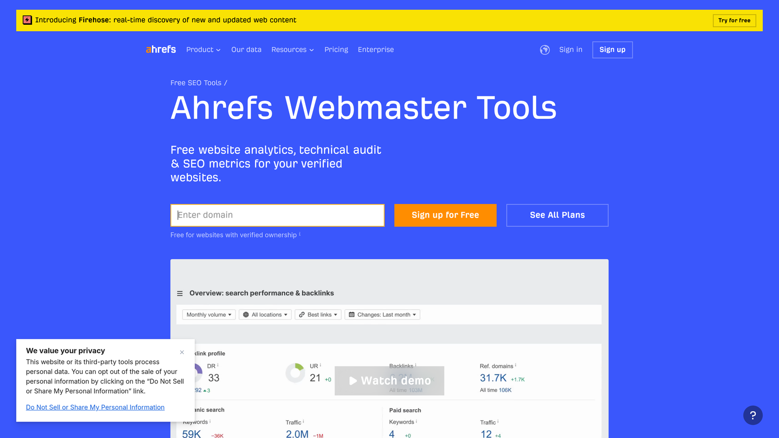 Screenshot of Ahrefs Webmaster Tools website