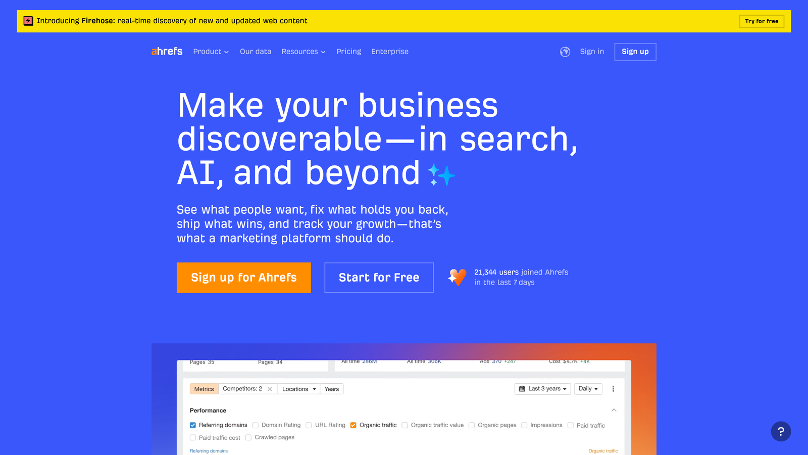 Screenshot of Ahrefs Webmaster Tools website