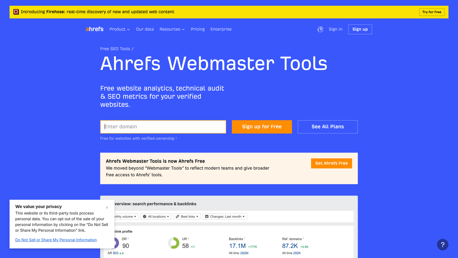 Screenshot of Ahrefs Webmaster Tools website