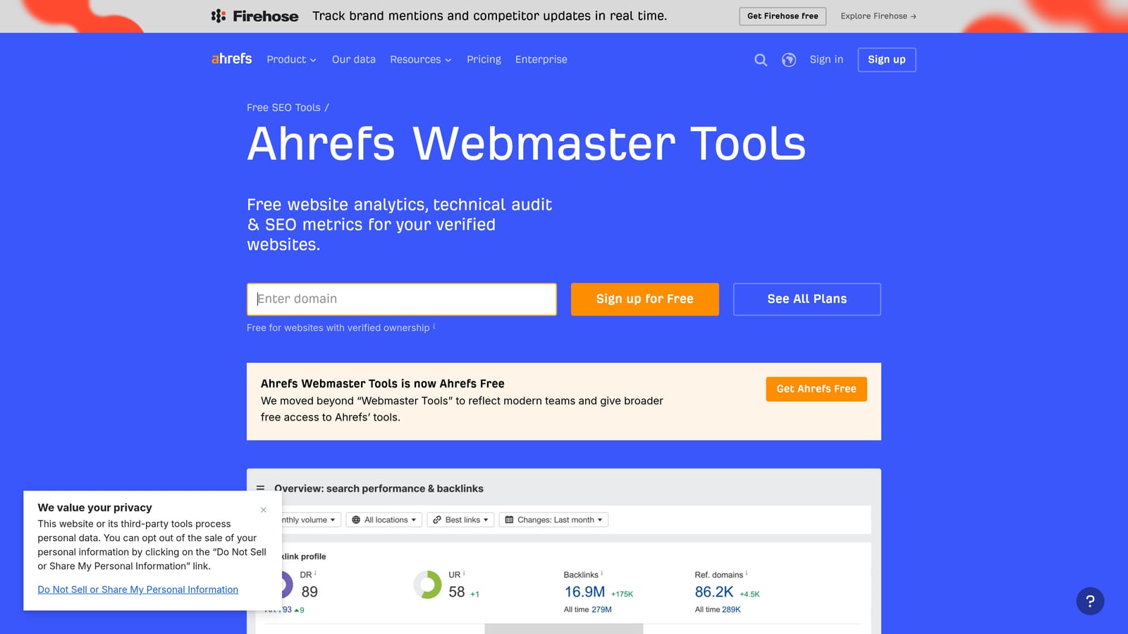 Screenshot of Ahrefs Webmaster Tools website