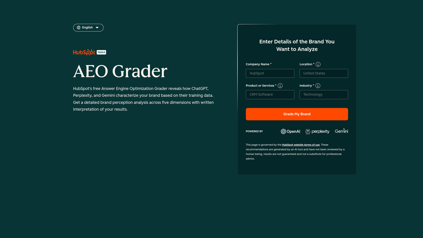 Screenshot of AI Search Grader by HubSpot website
