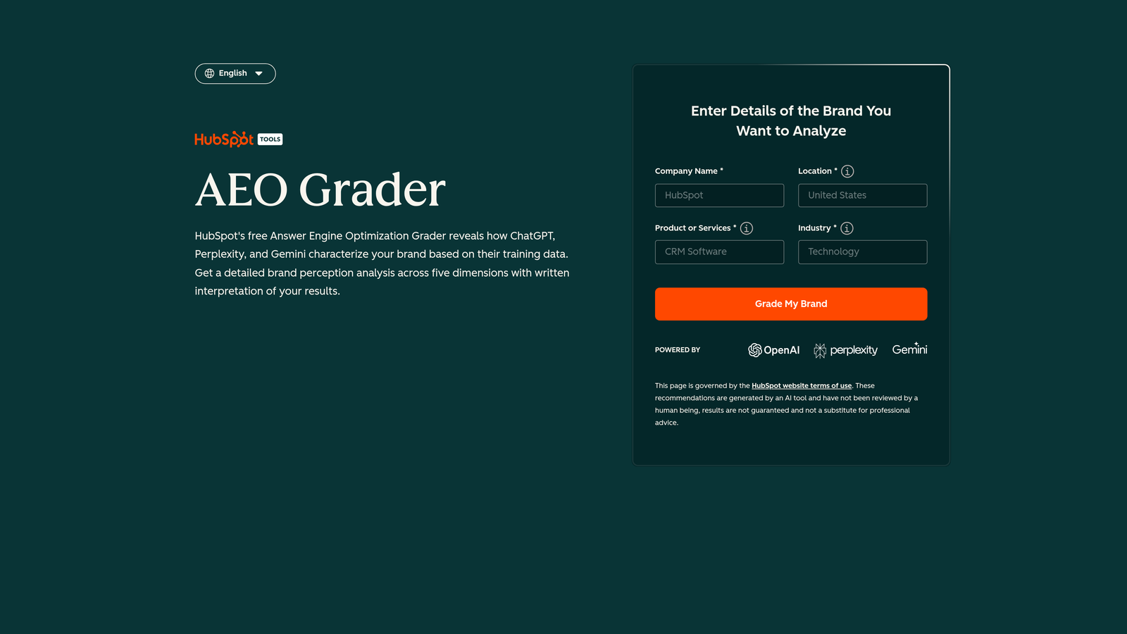 Screenshot of AI Search Grader by HubSpot website