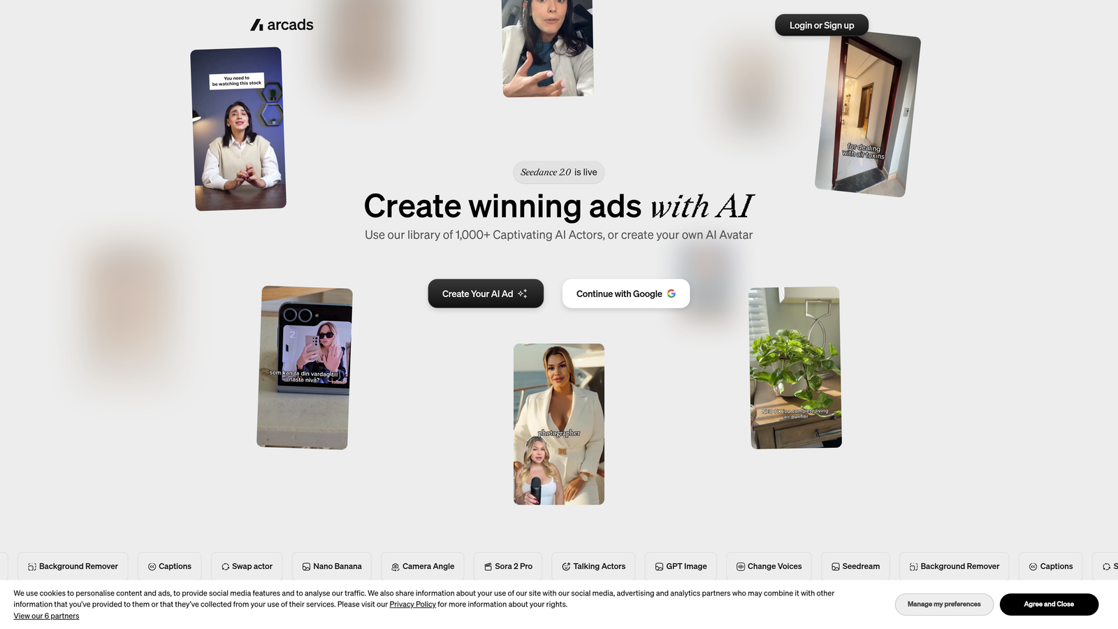 Screenshot of Arcads website