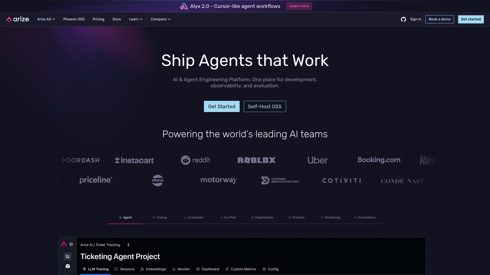 Screenshot of Arize AI website