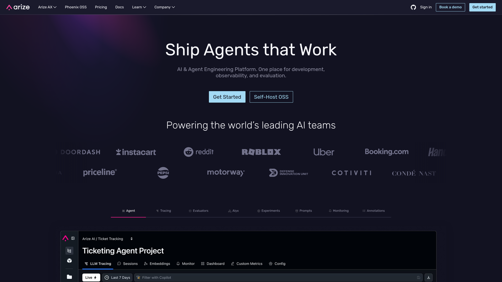 Screenshot of Arize AI website