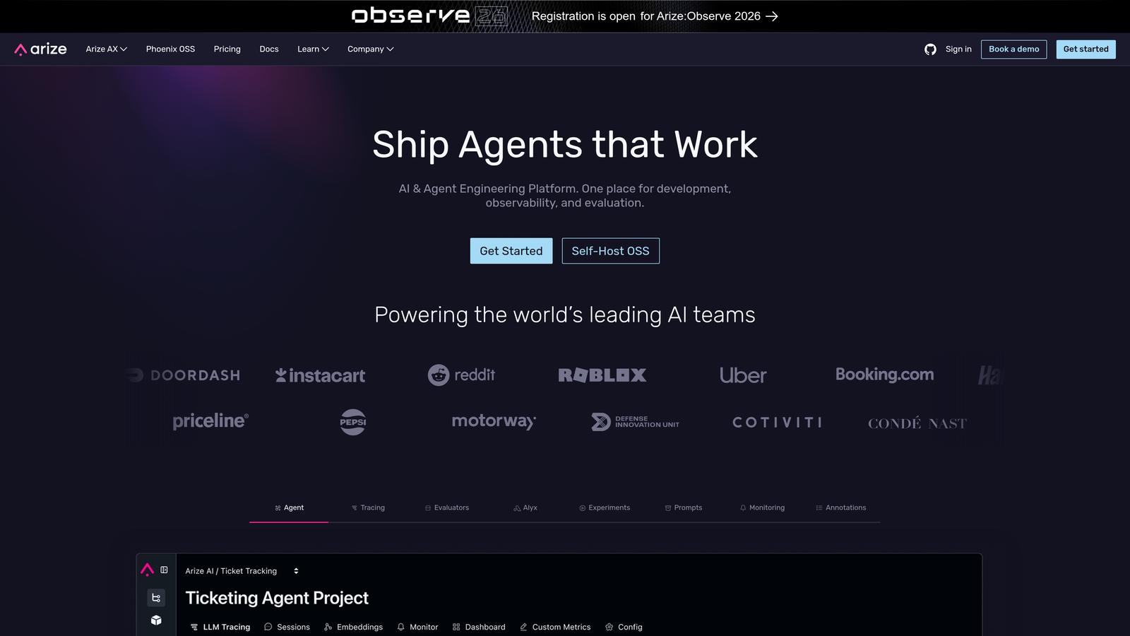 Screenshot of Arize AI website