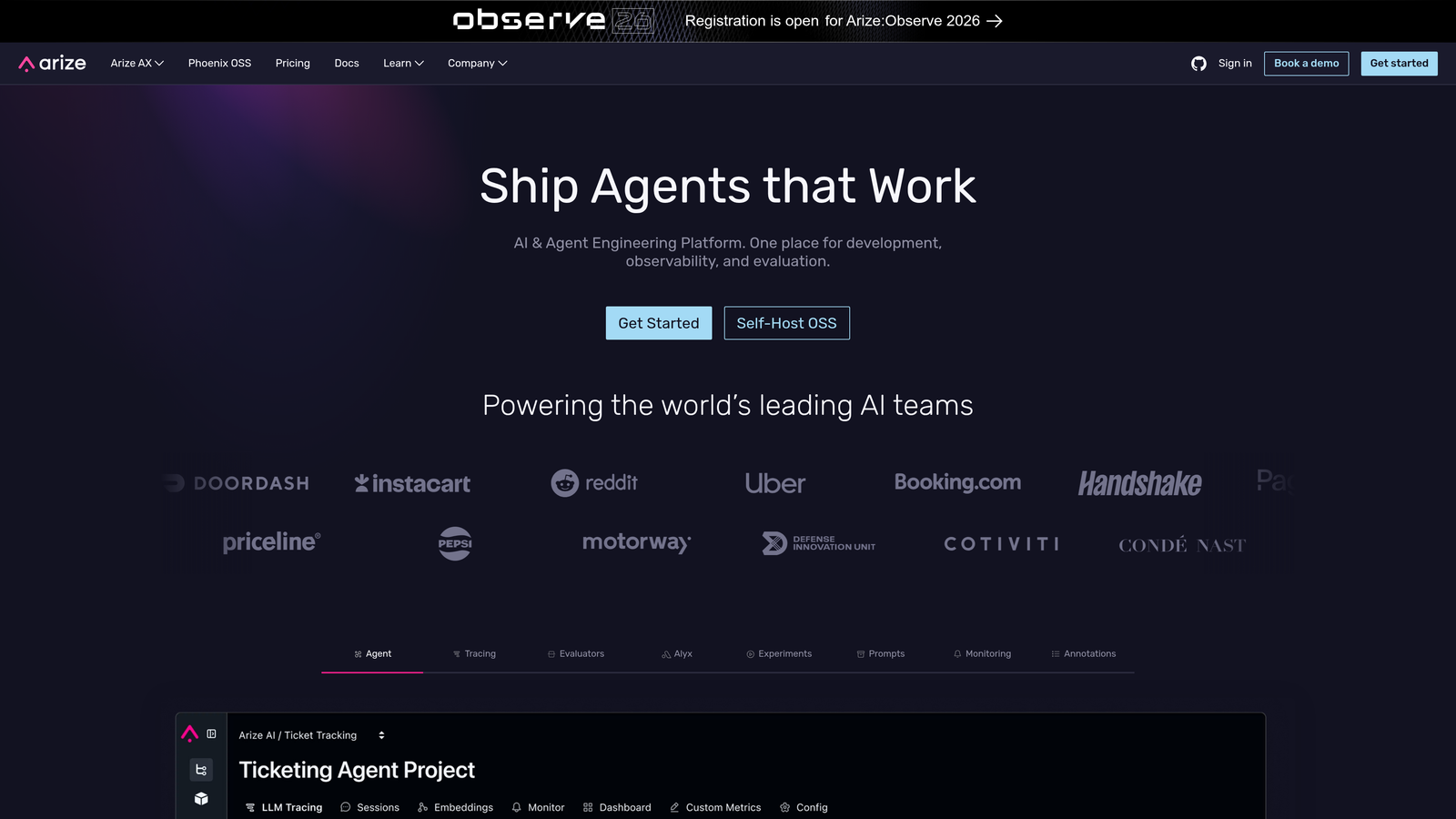 Screenshot of Arize AI website