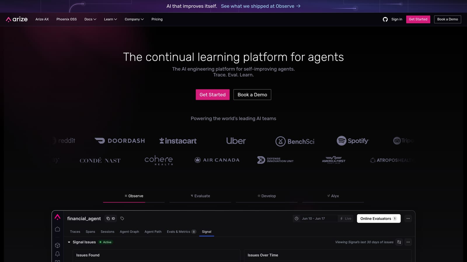 Screenshot of Arize AI website