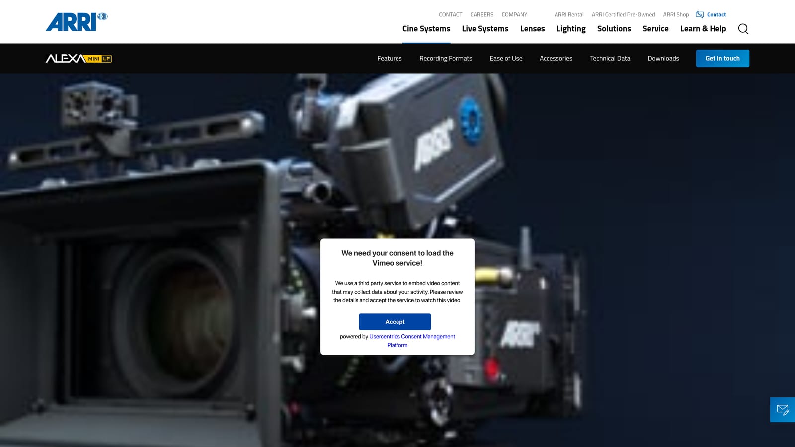 Screenshot of ARRI ALEXA Mini LF website