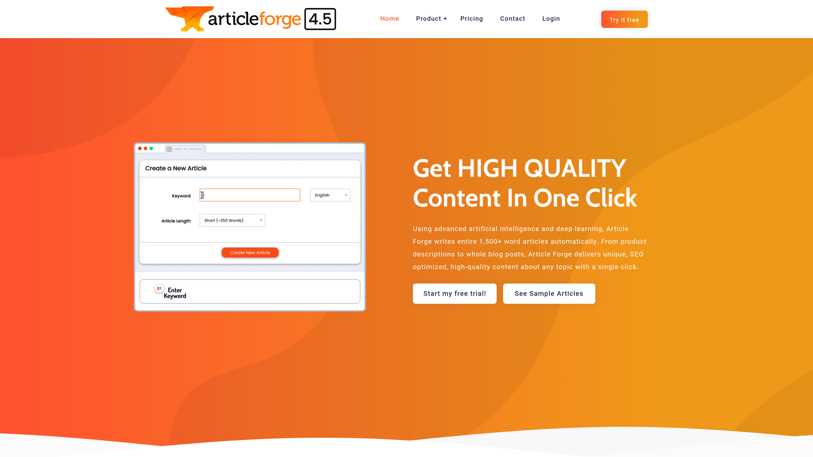 Screenshot of Article Forge website homepage