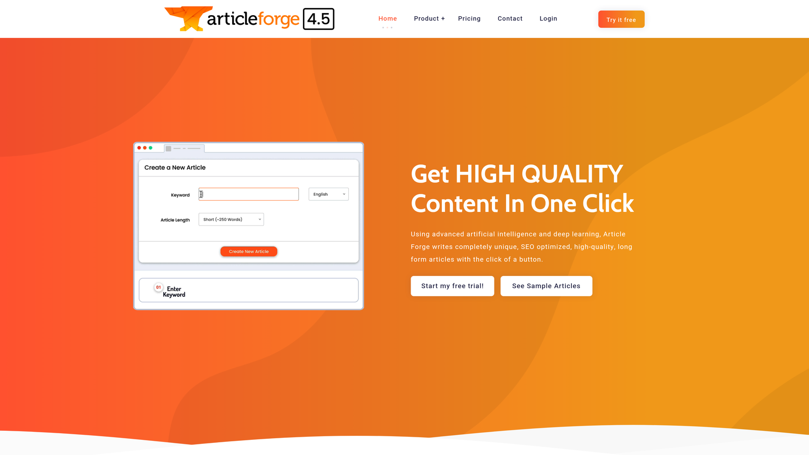 Screenshot of Article Forge website homepage