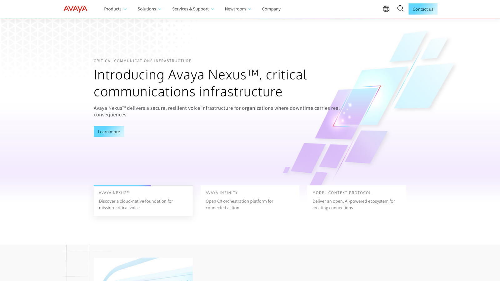 Screenshot of Avaya website