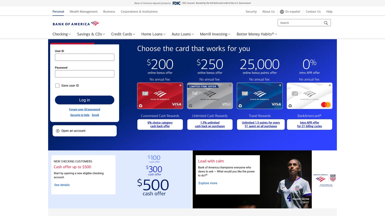 Screenshot of Bank of America website