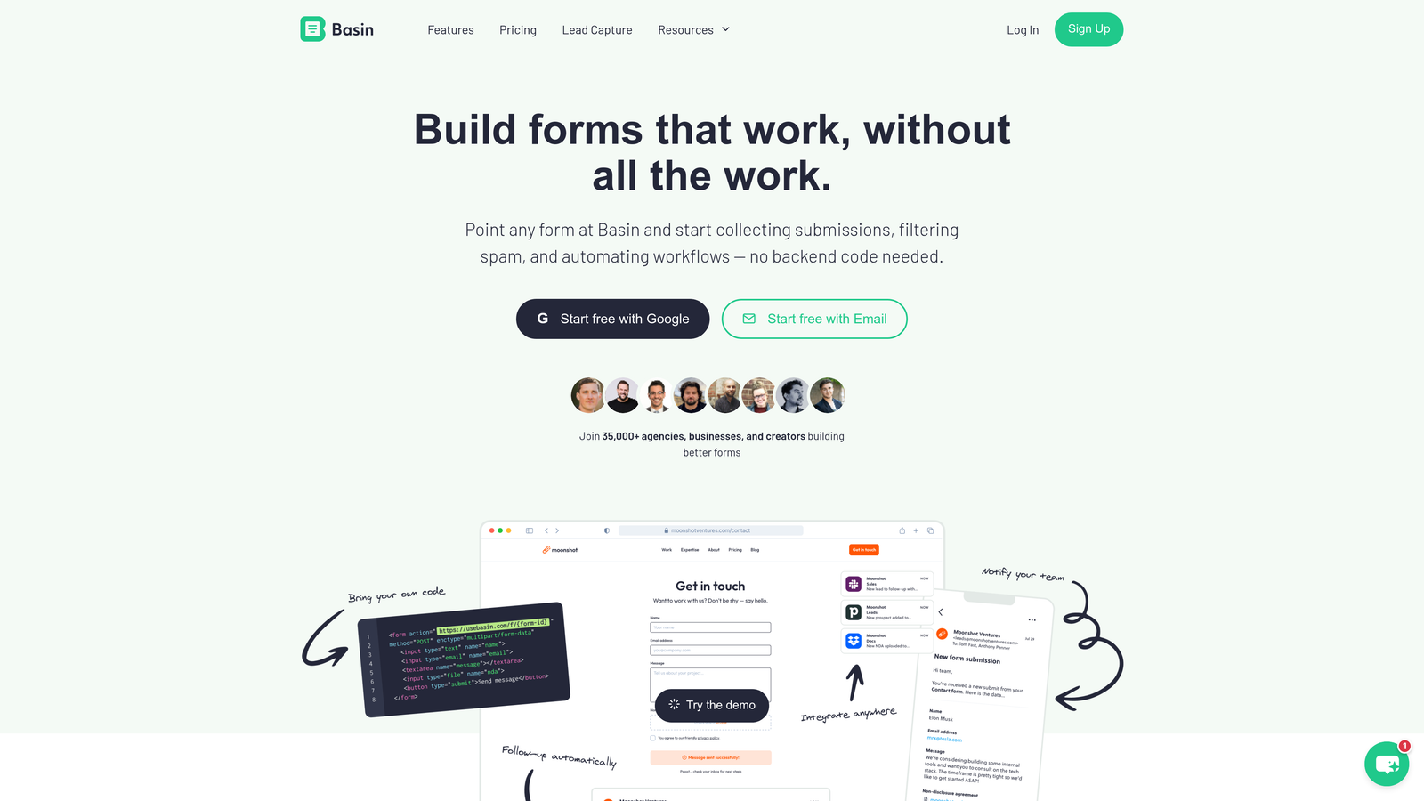 Screenshot of Basin website