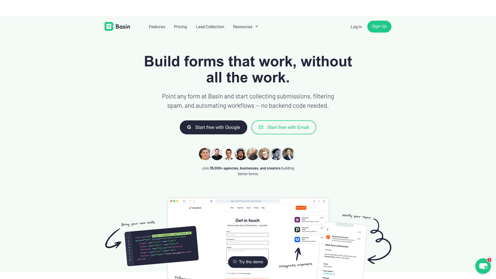 Screenshot of Basin website