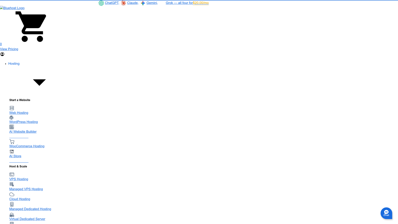 Screenshot of Bluehost website