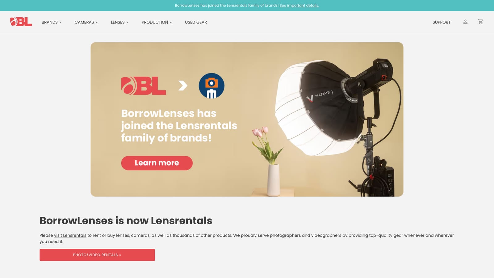 Screenshot of BorrowLenses website