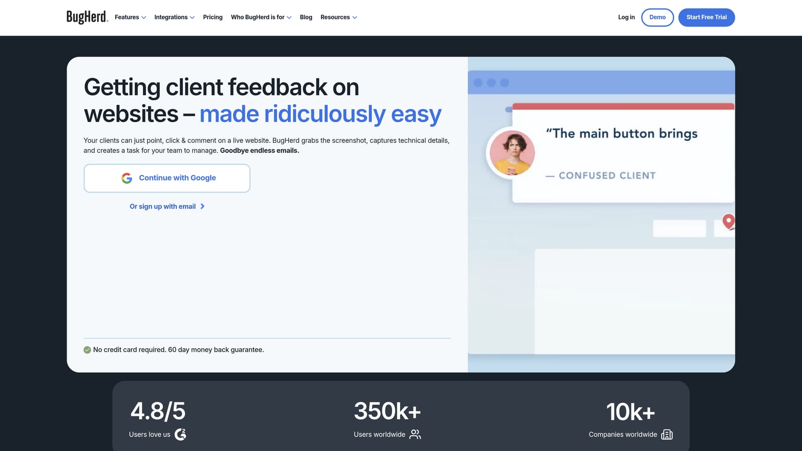 Screenshot of BugHerd website