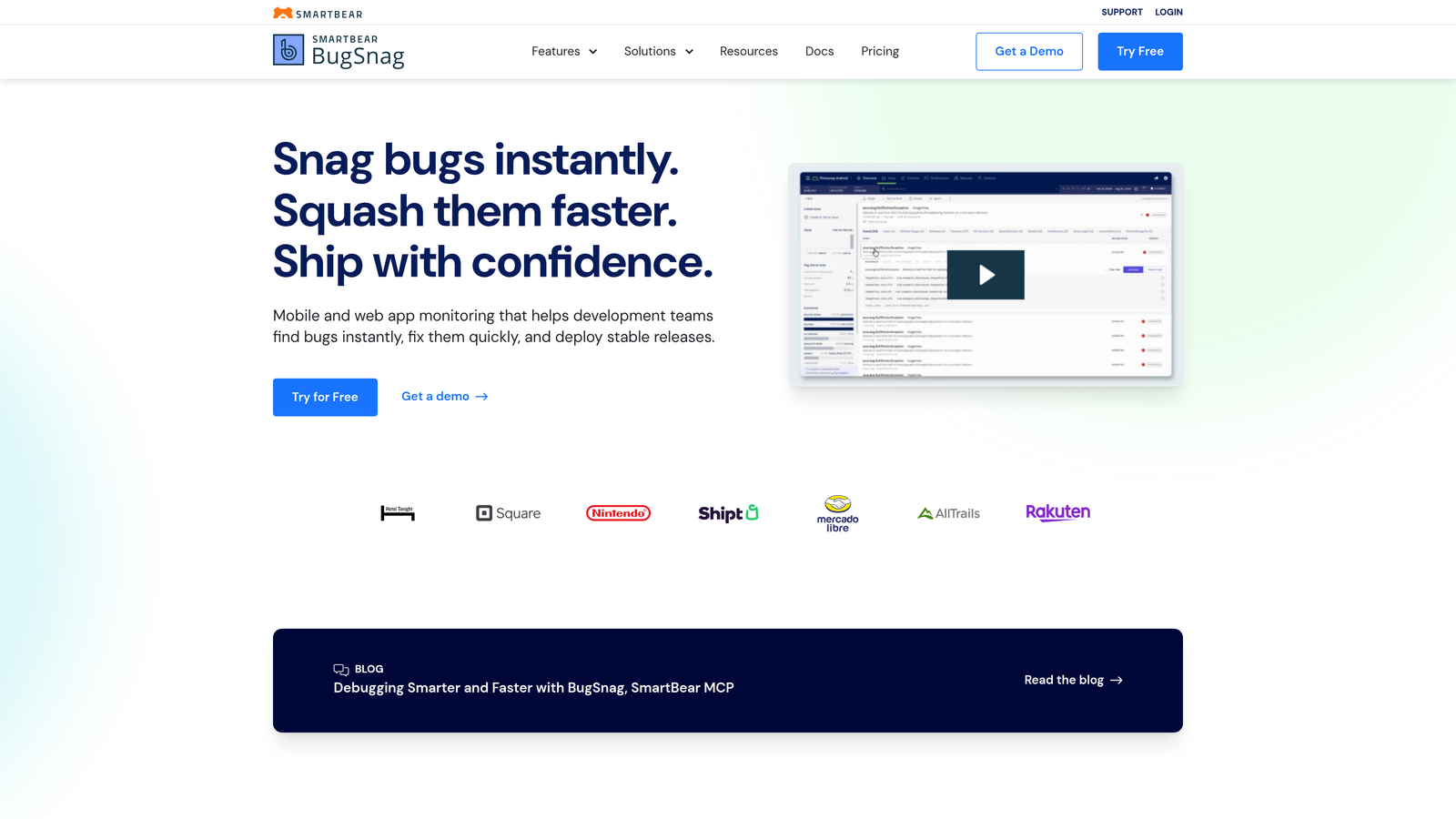 Screenshot of BugSnag website