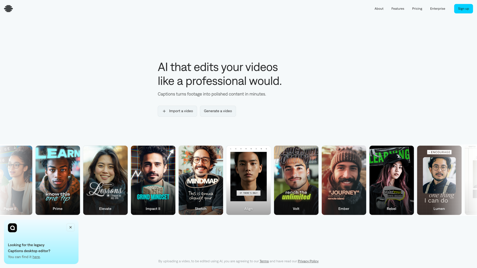Screenshot of Captions website