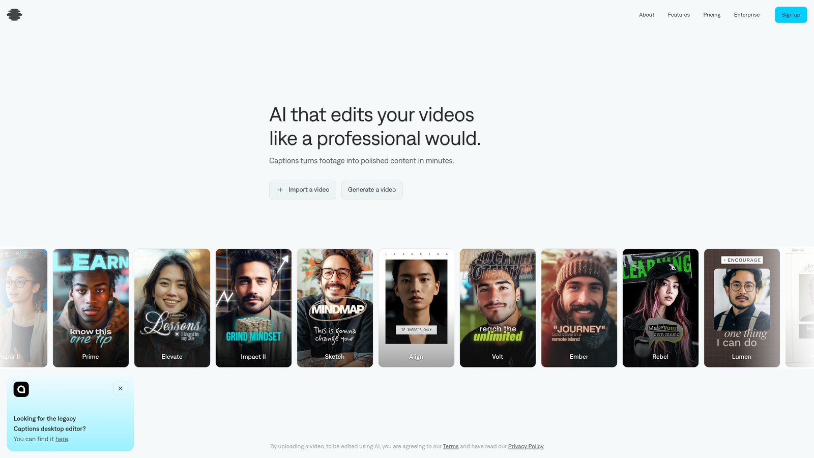 Screenshot of Captions website