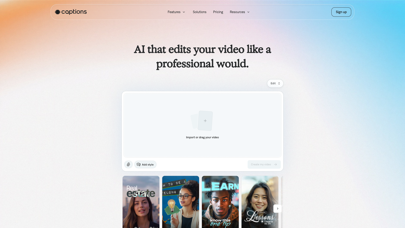 Screenshot of Captions website