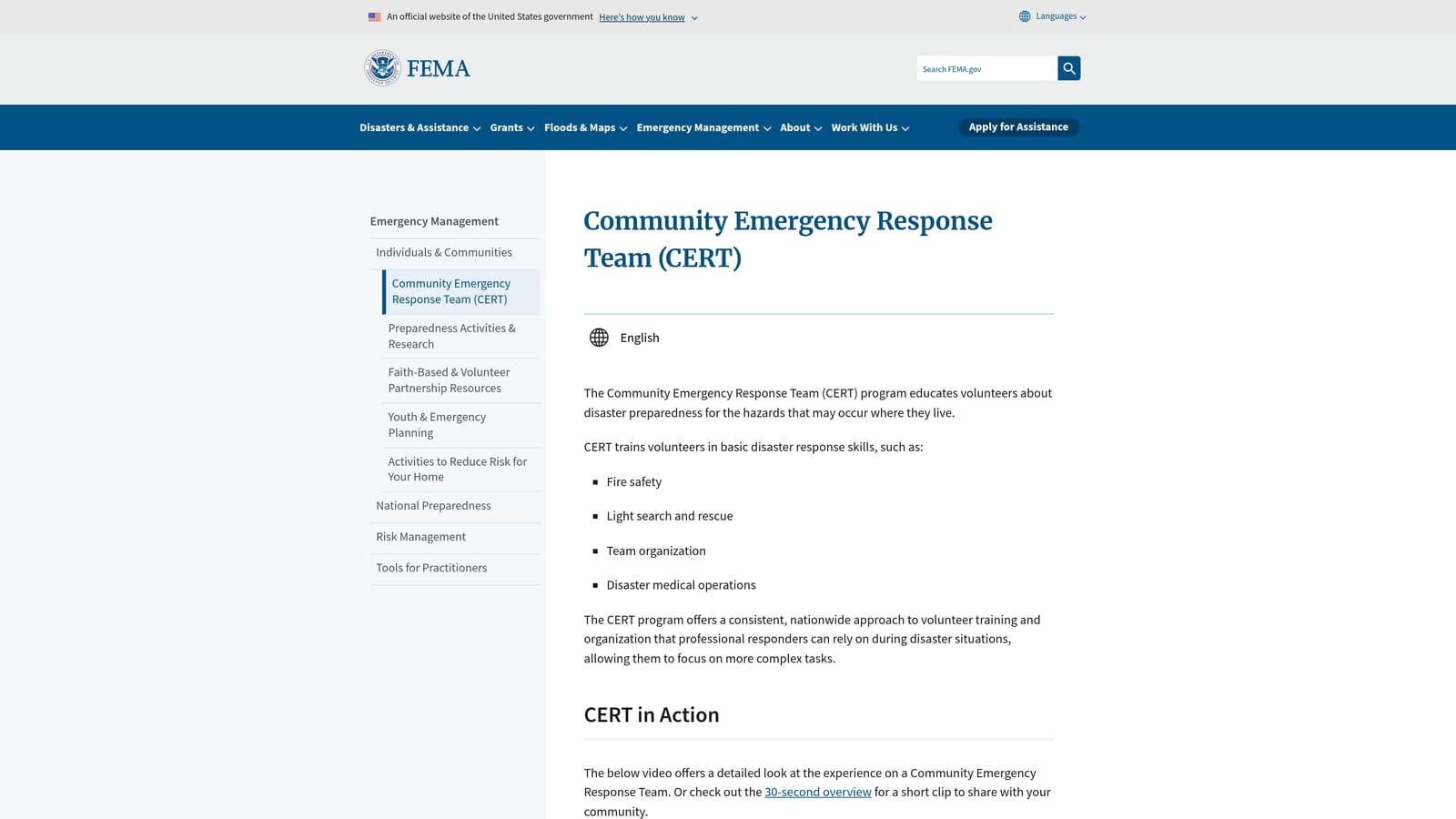 Screenshot of CERT (Community Emergency Response Team) Programs website