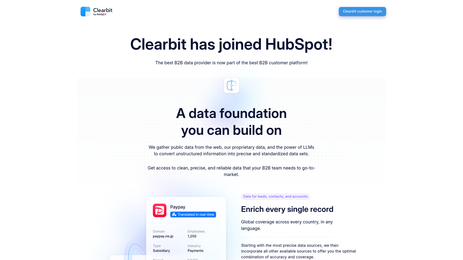 Screenshot of Clearbit website homepage