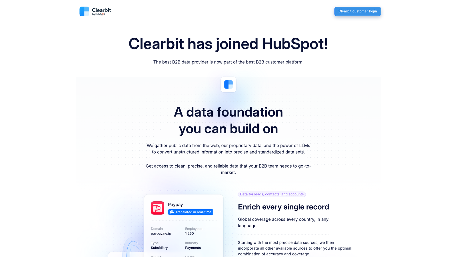Screenshot of Clearbit website