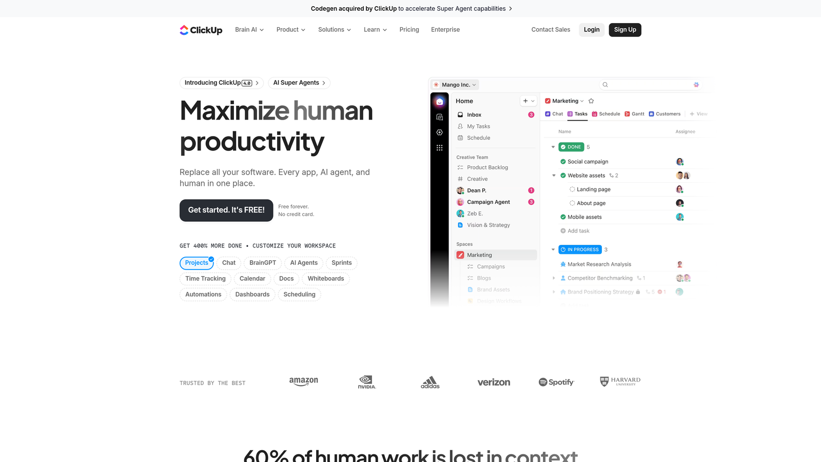 Screenshot of ClickUp website homepage