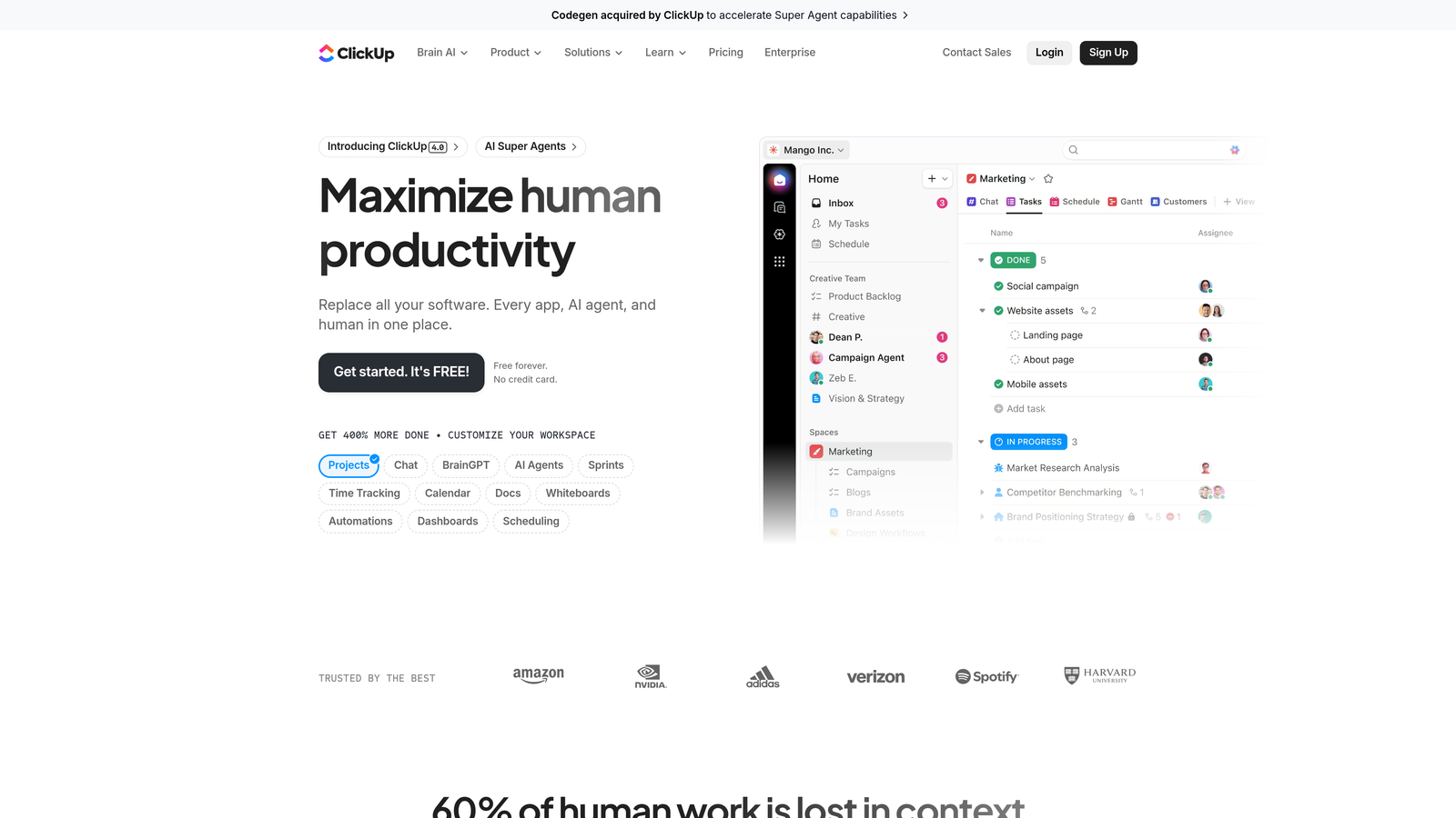 Screenshot of ClickUp website homepage
