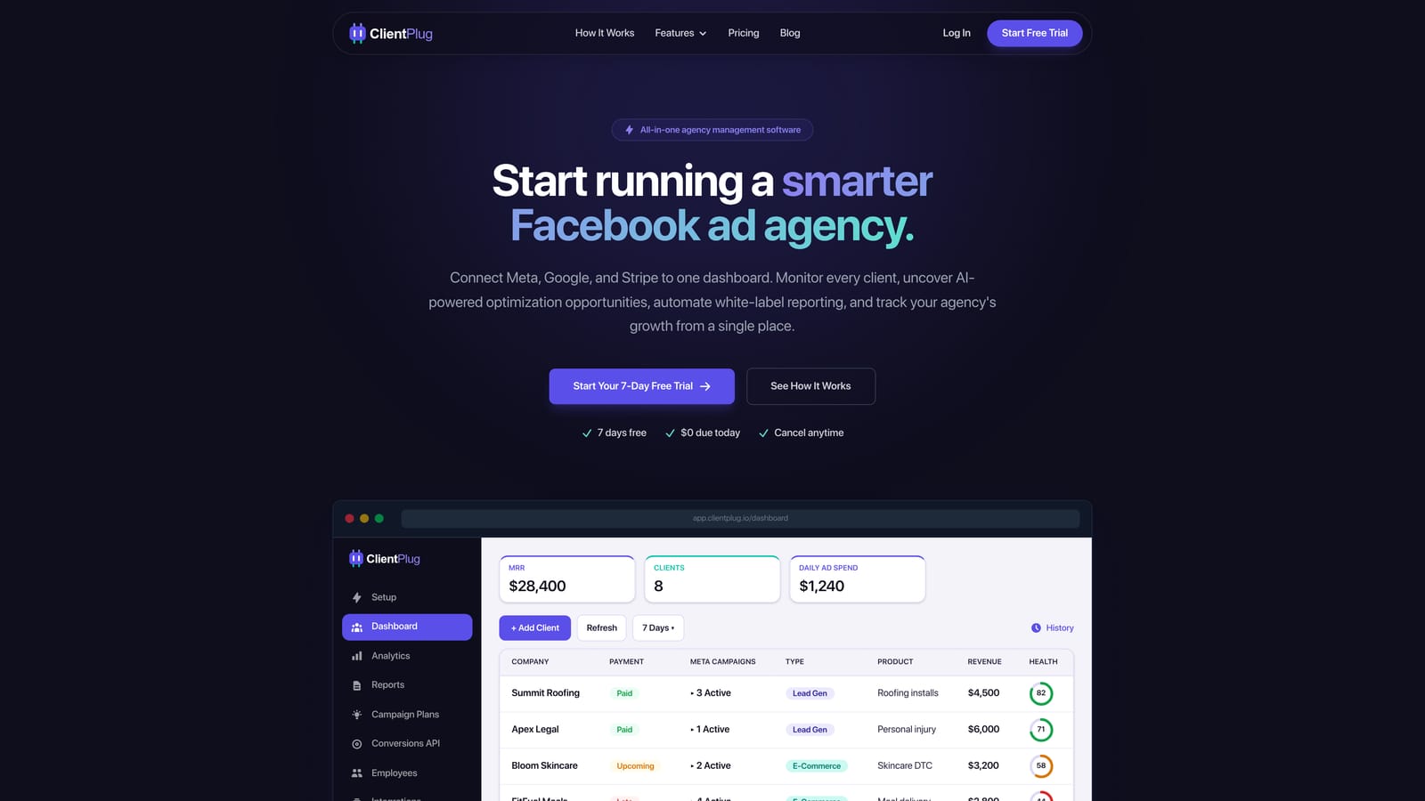 Screenshot of ClientPlug.io website